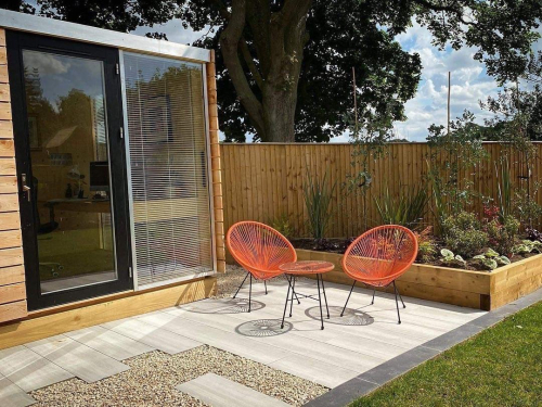 nordic grey wood effect porcelain paving installed. 