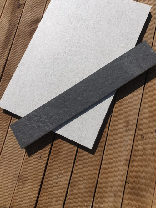 Anthracite grey porcelain plank edging installed in garden - Preview