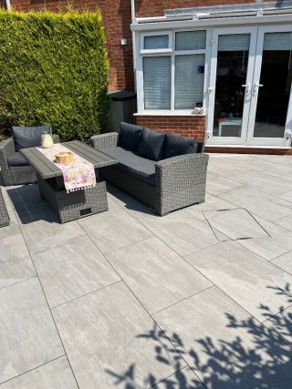 Silver Kandla Grey installed with grey patio set